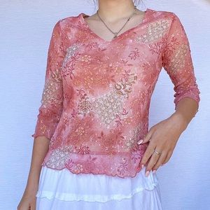 90s vintage floral embroidered v-neck long sleeve